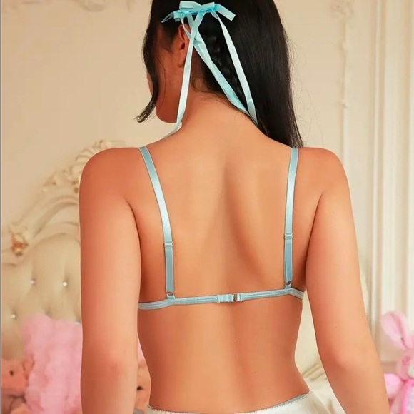 Coquette Silky Satin Mesh Ruffled “LOVE” Stretchy Baby Blue Triangle Bra Top - Picture 5 of 12